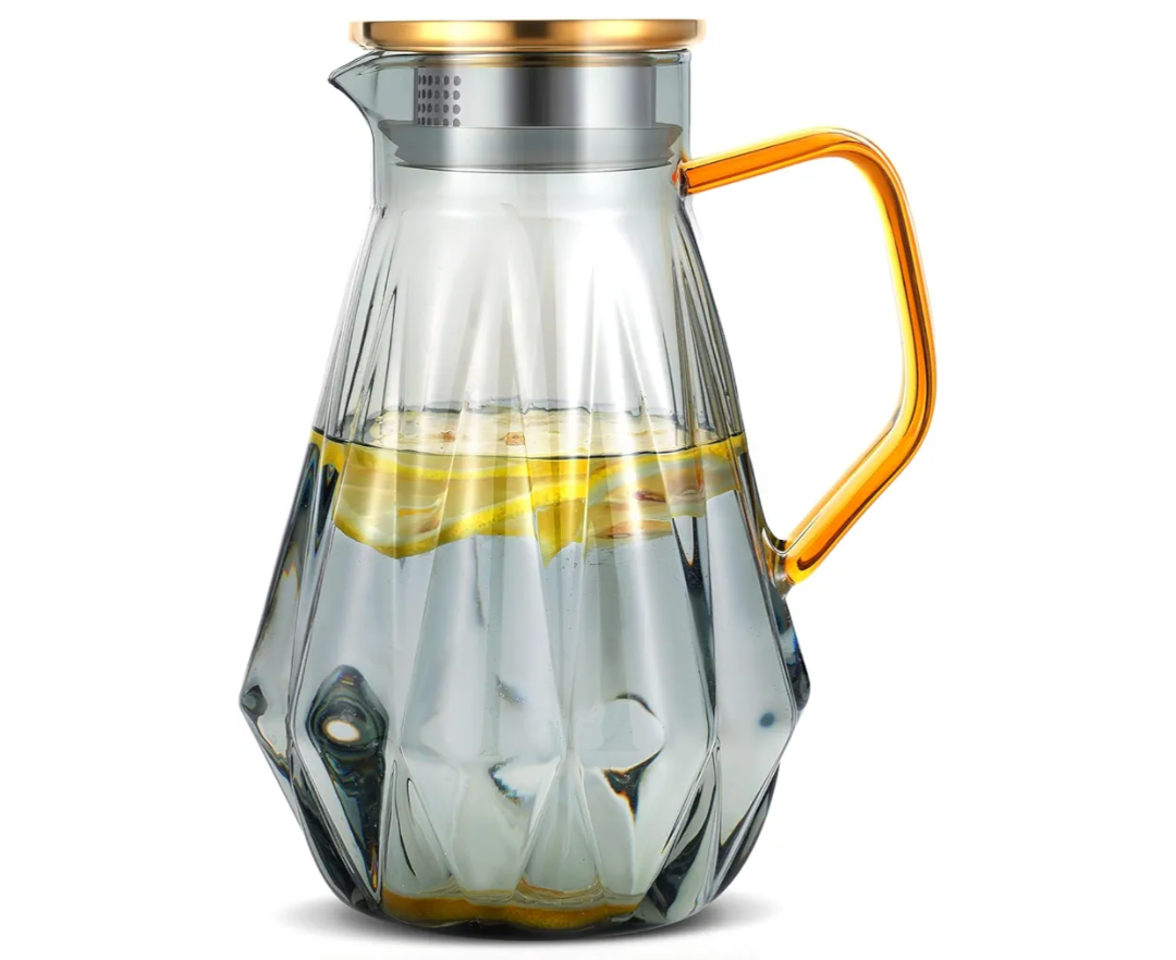 Glass Pitcher with Lid and Spout, Gray Clear Hot & Cold Water Jug with Handle and Lid for Iced Juice, Coffee, Milk, Coffee, Sun Lemonade,Water, Hot Tea (68 oz)