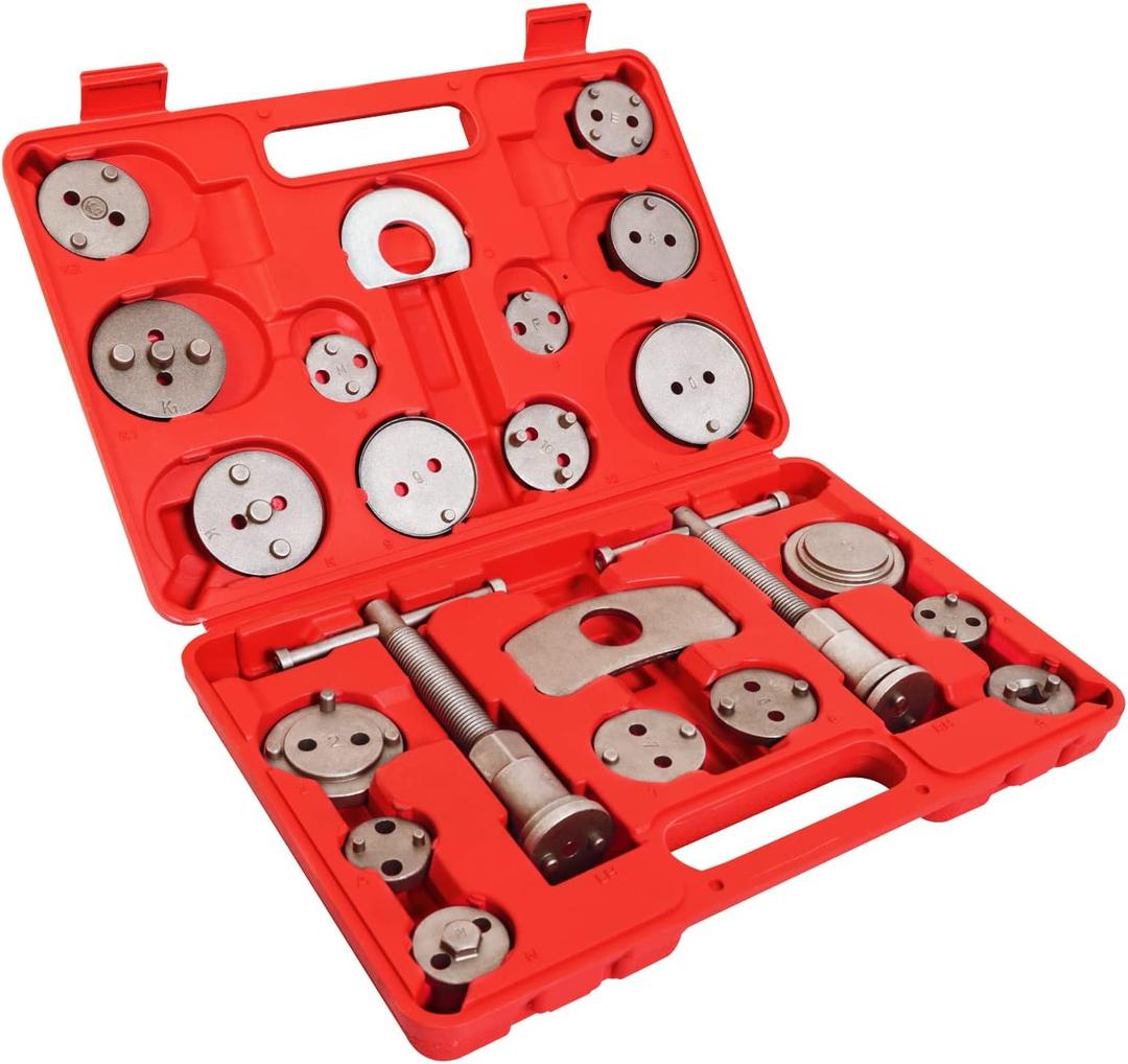 Heavy Duty Disc Brake Caliper Compression Tool Kit and Piston Wind Back Tool with Case for Brake Pad Replacement Reset, Professional Car Brake Caliper Compression Universal Tool Set, 23pcs