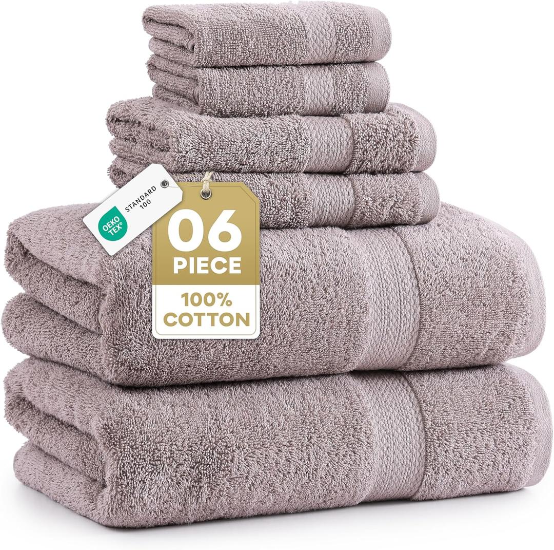 LANE LINEN 100% Ring Spun Cotton Bathroom Towel Set - 6 Piece - Soft, Quick Dry & Highly Absorbent - 2 Bath, 2 Wash cloths, 2 Hand Towels - Ideal for Guests & Perfect for Bathroom decor - Platinum