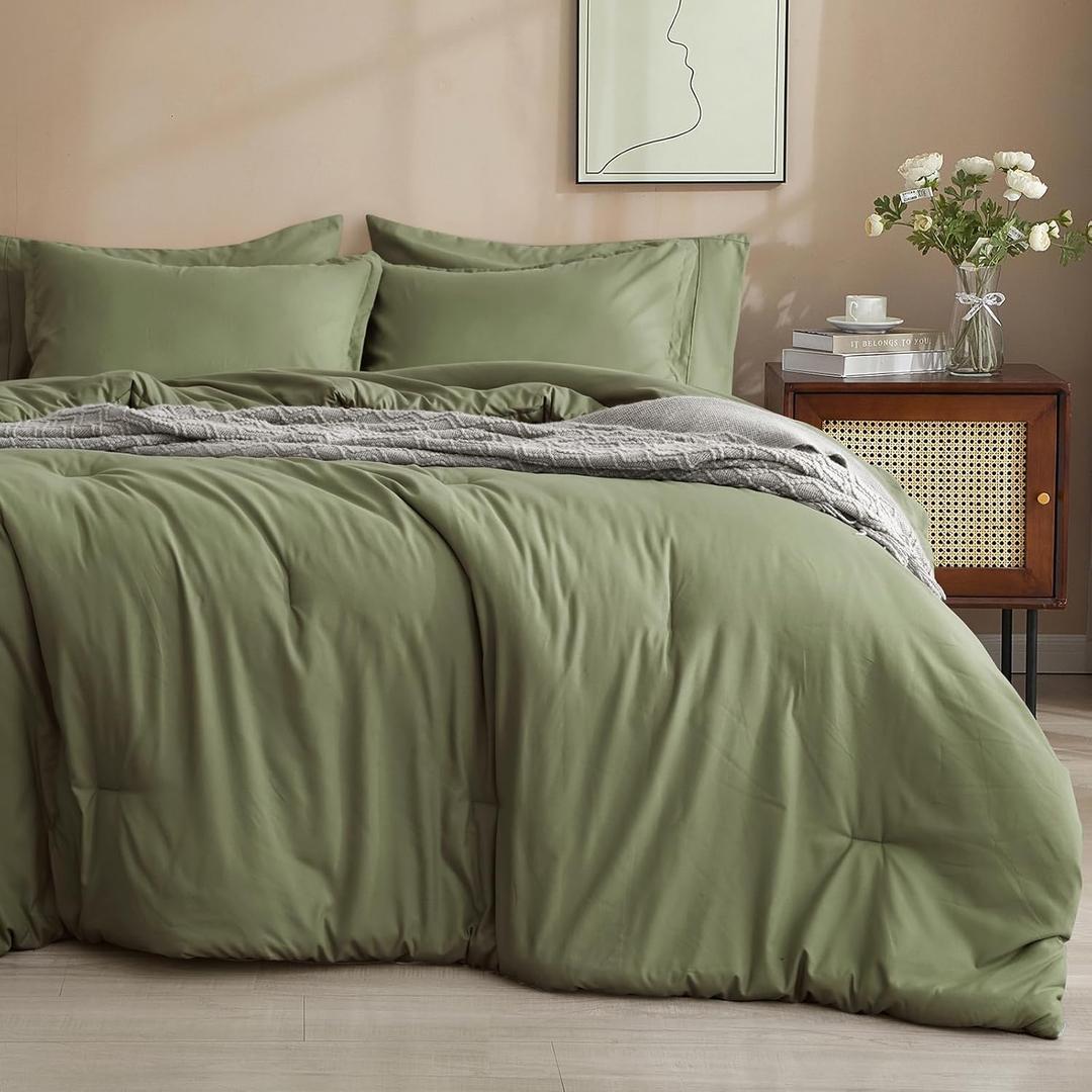 PHF 7 Pieces King Comforter Set, Lightweight Bed in A Bag & 18" Sheet Set for All Season, Ultra Soft Cozy Bedding with Comforter, Sheets, Pillowcases & Shams, Olive Green