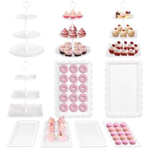 Mwellewm 10 Pcs Cake Stand White Plastic Dessert Table Display Set 4 Pcs 3 Tired Cupcake Stand Cookie Tray Rack Serving Tray Cake Tower and 6 Pcs Dessert Tray for Wedding Baby Shower Tea Party