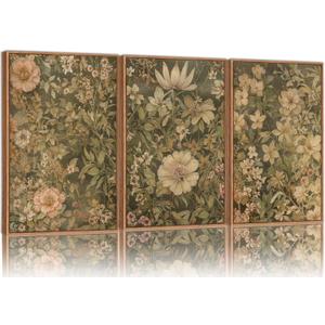 SIGNINART Vintage Floral Framed Canvas Wall Art Set of 3, Mid Century Modern Wildflower Wall Decor, Neutral Botanical Artwork, Retro Plant Art Prints for Bedroom, Living Room, Office 24"x36"
