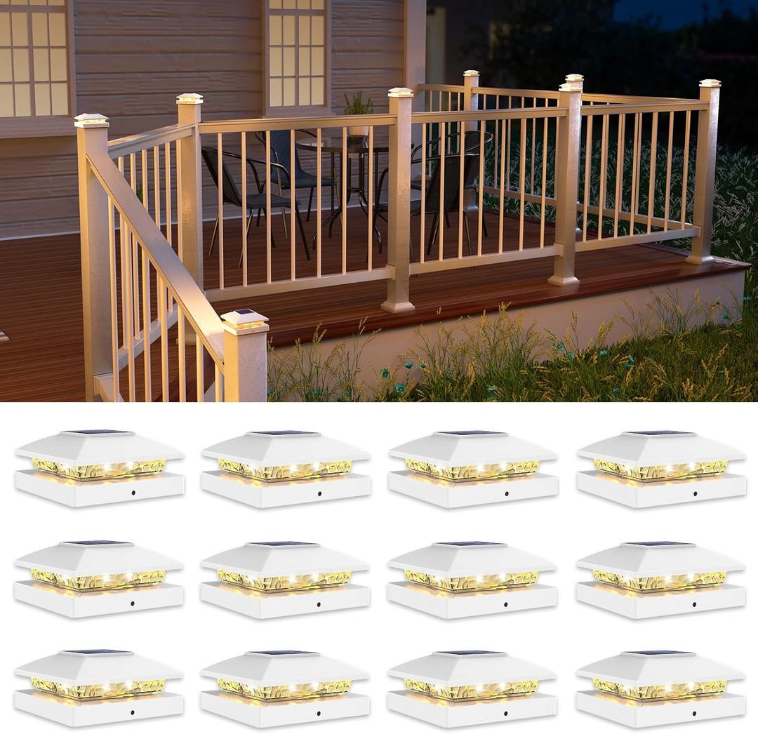 VOLISUN 4x4 Solar Post Cap Light 12pack,Solar Fence - Post Lights Outdoor Waterproof for Wooden/Vinyl Post,White Deck Post Cap Light Solar Powered with Warm White for Garden/Patio/Porch