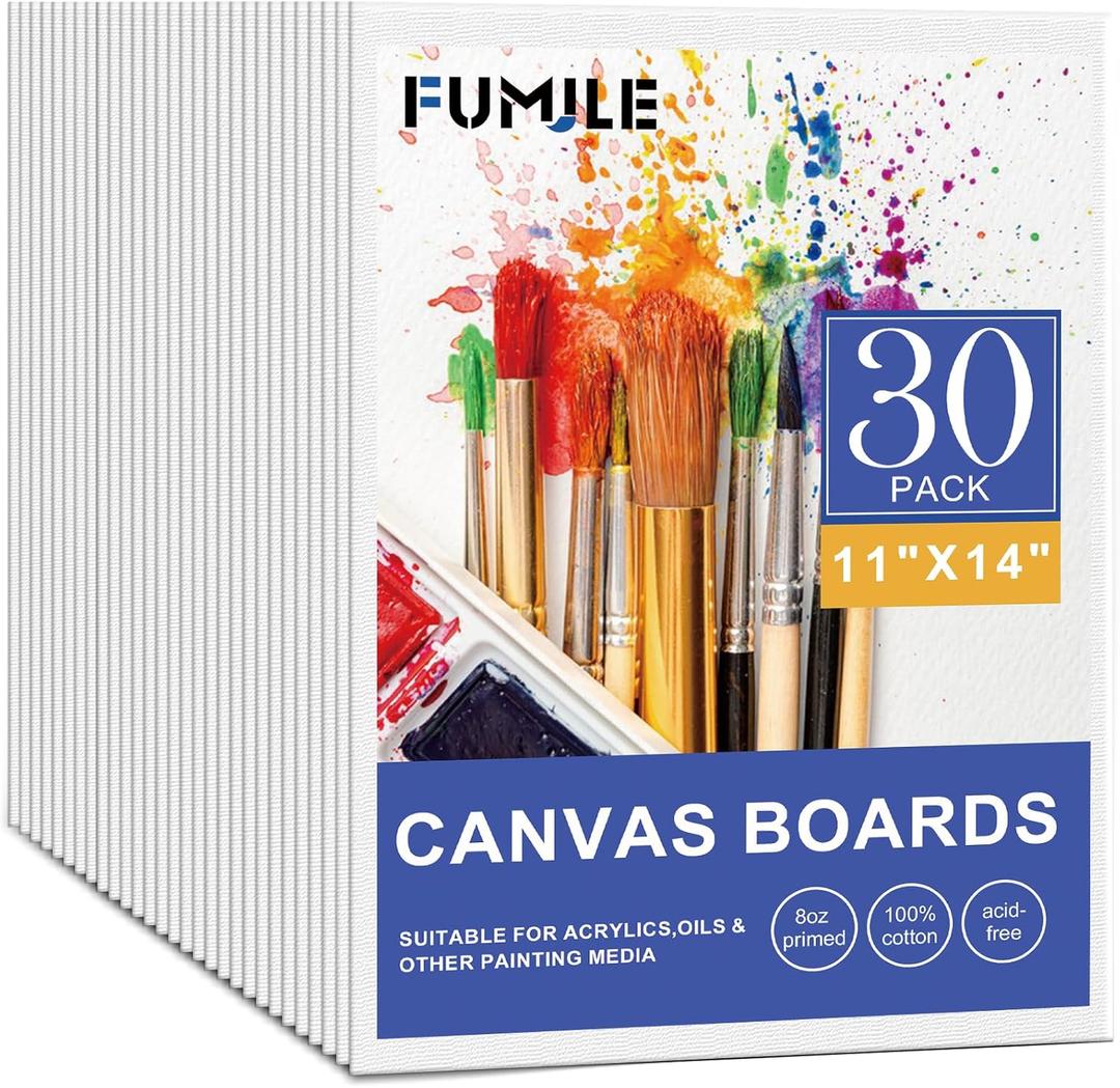 FUMILE 11x14 Canvas Boards for Painting, 30 Pack Canvases for Painting 11x14 Inch Primed Acid Free Blank Canvas Panels for Oil Paint, Watercolor, Acrylic Paint, Gouache and Tempera.