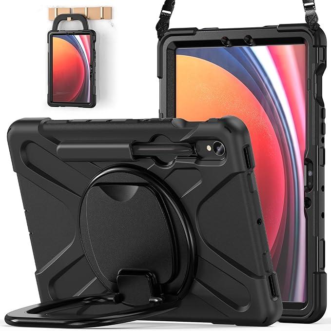 BATYUE Case for Samsung Galaxy Tab S10 lite/S10 FE/S9 FE/S9/S8/S7 5G 10.9"/11", Heavy Duty Shockproof Protective Tablet Case with S Pen Holder, 360° Rotating Stand Cover, Shoulder Strap, Black