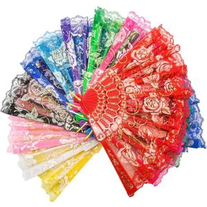 TRENDBOX Elegant Vintage Retro Flower Rose Lace Handheld Chinese Folding Fan for Dancing Ball Parties Ladies - 1 Set (10 Colors)