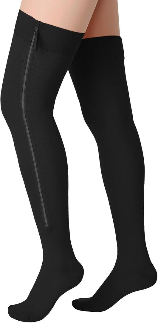 Sosation Thigh High Zipper Compression Socks 20-30 mmHg Zipper Compression Stockings Thigh High for Women Men Swelling Edema (Black, XL)