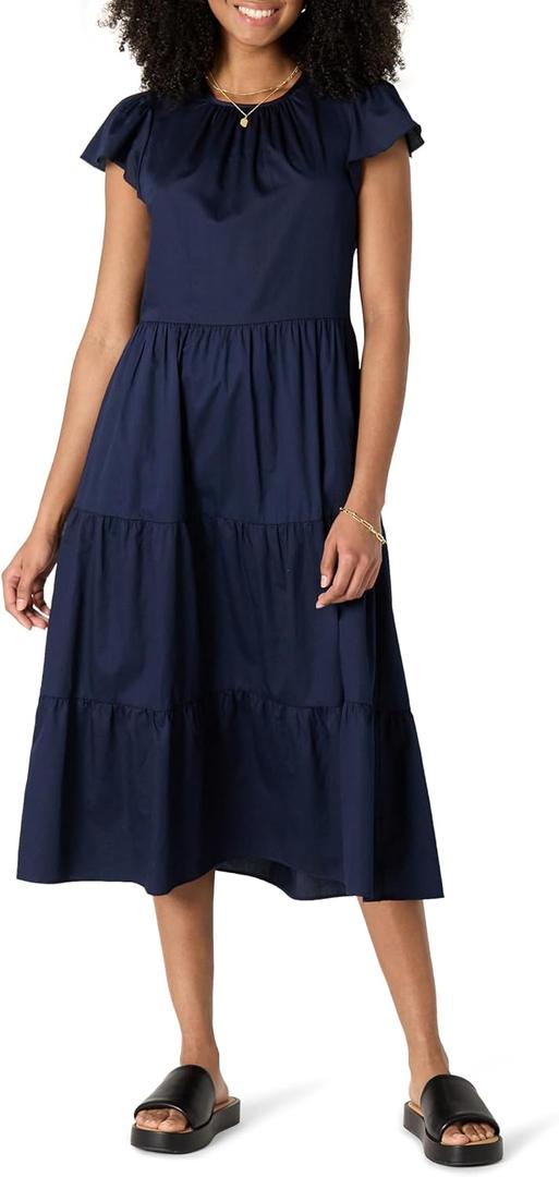Amazon Essentials Women's Relaxed-Fit Cotton Sateen Crewneck Tiered Midi Dress (Large, Navy)