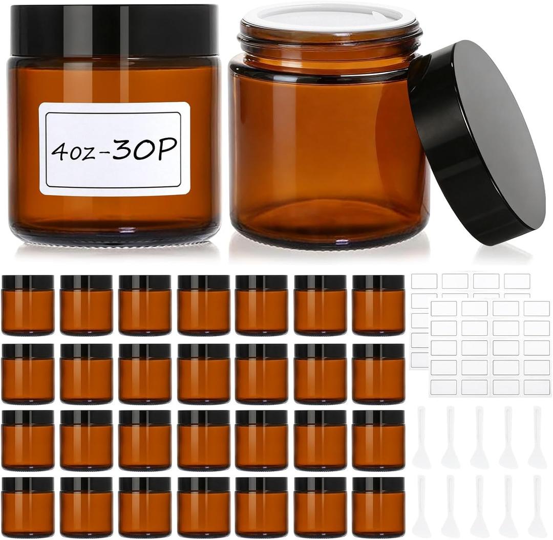 30 Pcs 4 oz Glass Jars with Lids, Amber Glass Jars with 40 Labels & 10 Spatulas, Inner Liners, LeakProof, UV-Protective,Round Glass Containers for Essential Oils, Spices, Candle Making,DIY