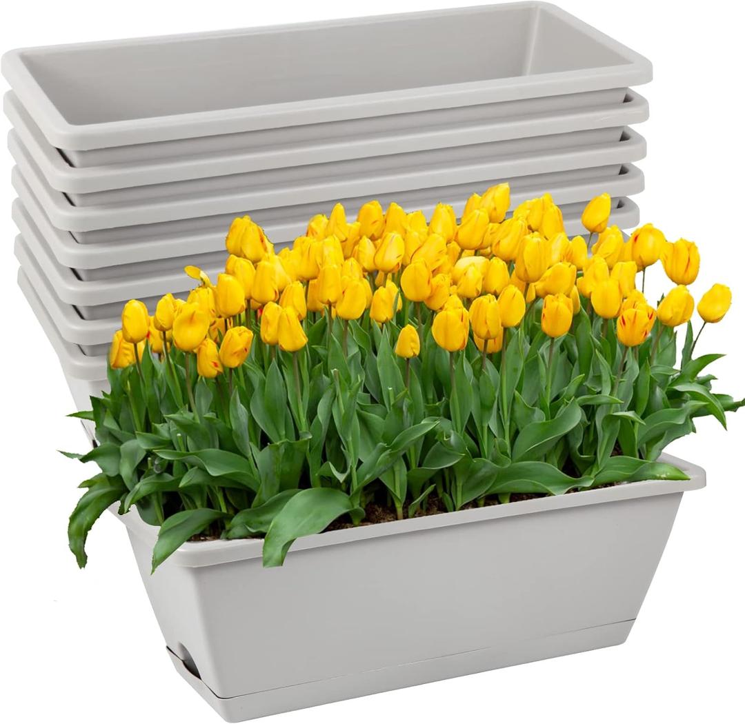 8pcs Window Box Planter, 17 Inches Flower Window Boxes, Rectangle Planters Box with Drainage Holes and Trays, Plastic Vegetable Planters for Windowsill Patio Garden Home Decor Porch Yard (Gray)