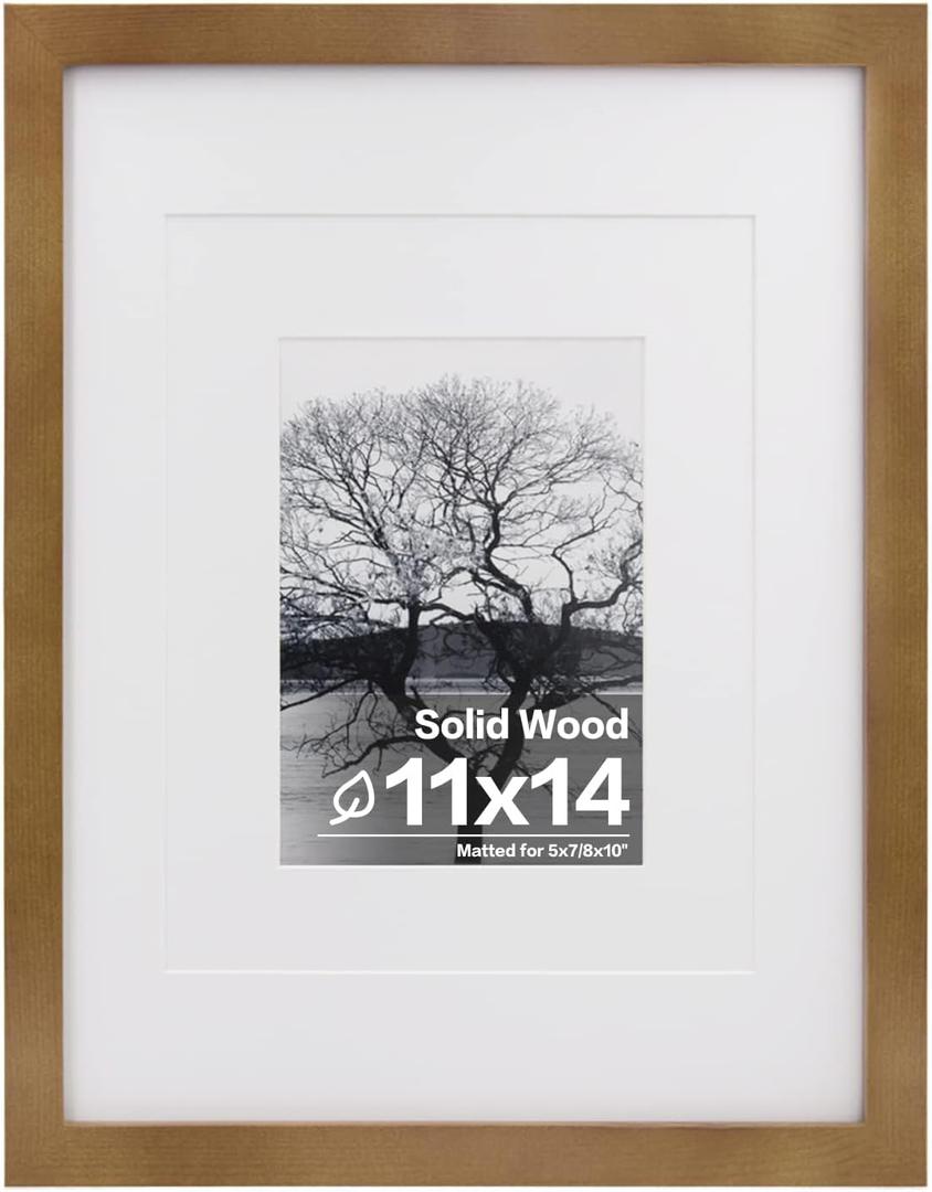 Egofine 11x14 Picture Frame Made of Solid Wood with Plexiglass, Display Pictures 5x7/8x10 with Mat or 11x14 Without Mat, for Table Top and Wall Mounting Photo Frame, Light Brown