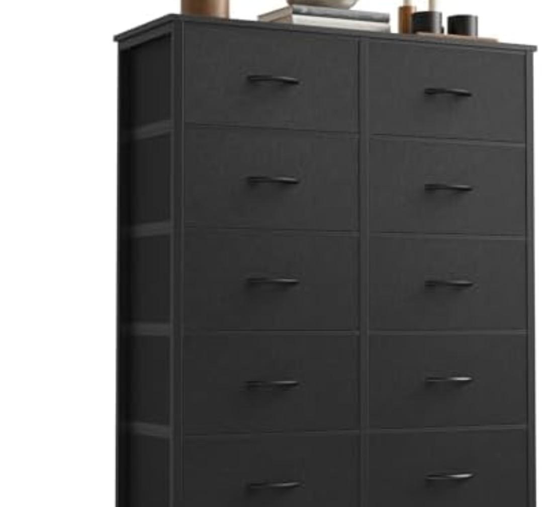 Sweetcrispy 10 Drawer Fabric Dresser Storage Tower with Bins, Tall Chest Organizer for Bedroom Closet Hallway, Steel Frame Wood Top Easy Pull Handles,Black