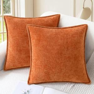 CaliTime Fall Throw Pillow Covers Decorative 18 X 18 Inches Pack of 2 Cotton Thread Stitching Edges Solid Dyed Soft Chenille Cushion Cases for Couch Sofa Bed Living Room Farmhouse Burnt Orange
