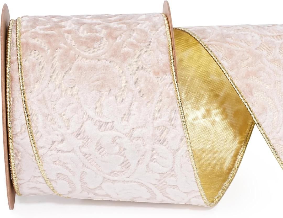 LaRibbons Ivory Velvet Ribbon Wired 4 Inch Embossed Pattern Christmas Ribbon for Christmas Bows, Tree Decorations, Wreaths, Gift Wrapping, Craft Supplies, 10 Yards