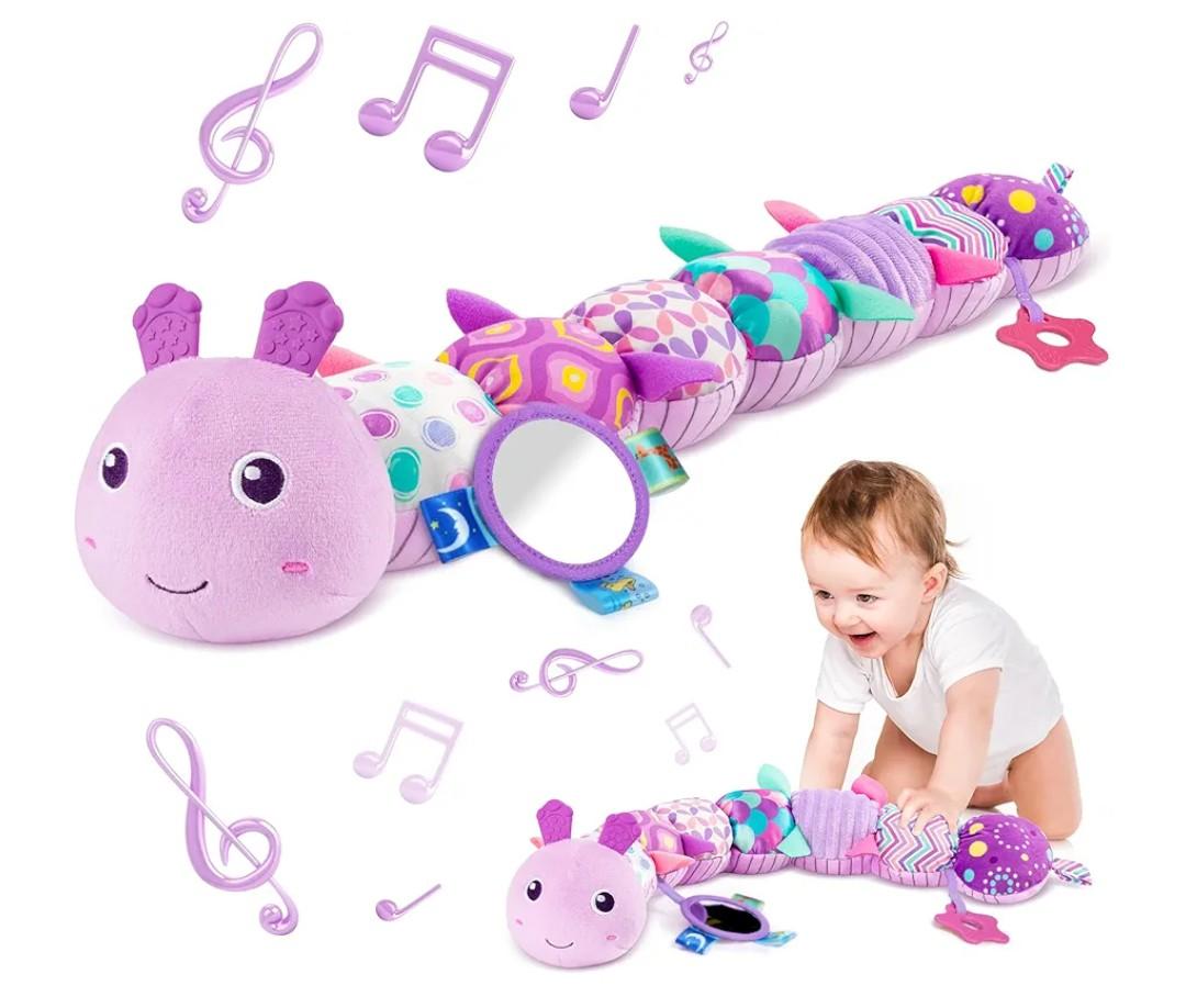 Sumobaby Infant Baby Musical Stuffed Animal Activity Soft Toys with Multi-Sensory Crinkle, Rattle and Textures, for Tummy Time 0-3-6-12 Months Girls, Caterpillar, Purple with Mirrow