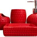Bathroom Accessories Set,4 Pcs Red Ceramic Bathroom Accessory Set Complete with Toothbrush Holder, Tumbler, Lotion Dispenser, Soap Dish Perfect for Bathroom Theme Gift