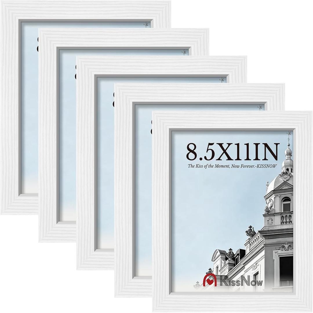 8.5x11 Picture Frame 5-Pack - White Wooden 11x8.5 Frames with Tempered Glass, Classic Tabletop Gallery Frames for Photos & Art Prints