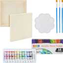 18-Piece 8x8-Inch Wooden Canvas Painting Set, 2 Natural Wood Panel Paint Boards with 12 Acrylic Paint Tubes, 3 Brushes, and 1 Plastic Palette for Crafting and Art Supplies