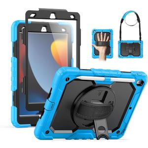 SEYMAC Kids Case for iPad 9th/ 8th/ 7th Generation 10.2" 2021-2019, Heavy Duty Protective Shockproof Case with Screen Protector, Rotating Stand/Handle/Shoulder Strap for iPad 10.2, Light Blue