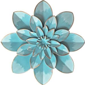 Light Sky Blue Metal Flower Wall Art Decor, 9.5 Rustic Modern Floral Sculpture, Distressed Hanging Home Decoration Accent Artworks for Indoor Bedroom Living Room Office Outdoor Garden Patio