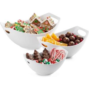 LAUCHUH Serving Bowls with Handles, Porcelain Serving Dishes White Nesting Bowls Mixing Bowl Set Salad Bowls for Entertaining, Party, Thanksgiving, Christmas, Baby Shower, Set of 3, 15/28/49 oz