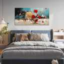 Kepgonegu Floral Wall Art Red Flowers with Teal Background Modern Abstract Artwork for Living Room Bedroom Office Home Canvas Prints 24x48 Inch