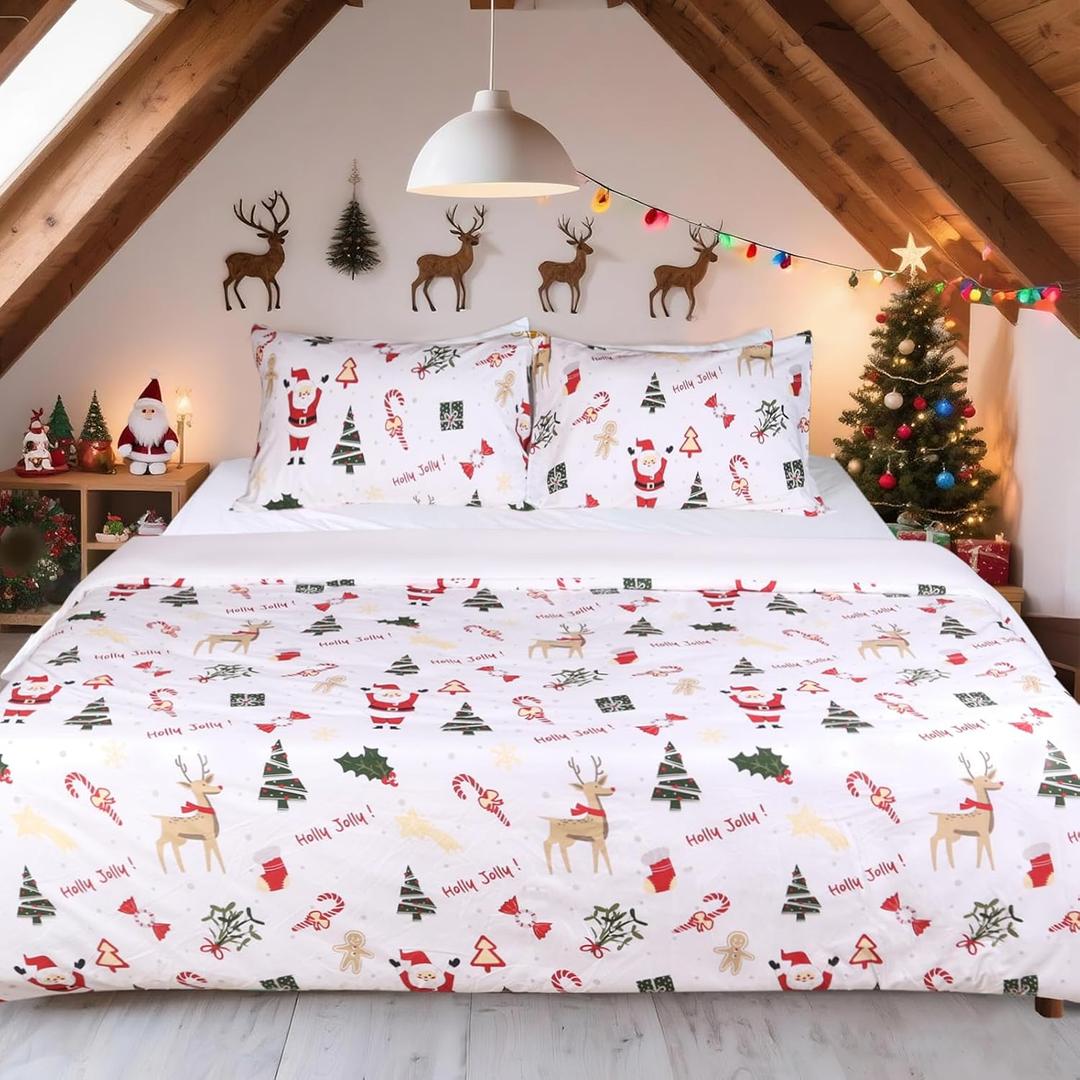 HITIME 100% Polyester Printed Christmas Duvet Cover Set - Queen Size 3 Piece Lightweight & Breathable Bedding Set, Soft Microfiber Comforter Cover with Zipper Closure, Christmas Deer