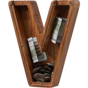 Piggy Bank for Kids Boys Girls, Wooden Large Letter Piggy Bank Alphabet Money Bank with Initial V, Coin Bank Fun Gifts for Birthday, Christmas, Festival, Baby Shower