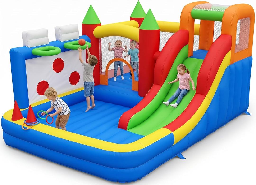 Ultimate Toddler Bounce House with 2 Trampoline Zones & Slide – Indoor/Outdoor Inflatable Play Center for Kids Ages 2-6, Includes Basketball Hoops, Climbing Wall & Easy Setup