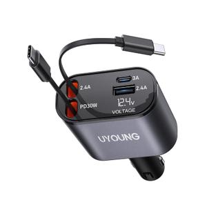 Retractable 4 in 1 Fast Car Charger - 30W Dual USB Type C, 31.5 Inch Cables - Compatible with iPhone 16/15/14/13/12, Samsung, Pixel, iPad