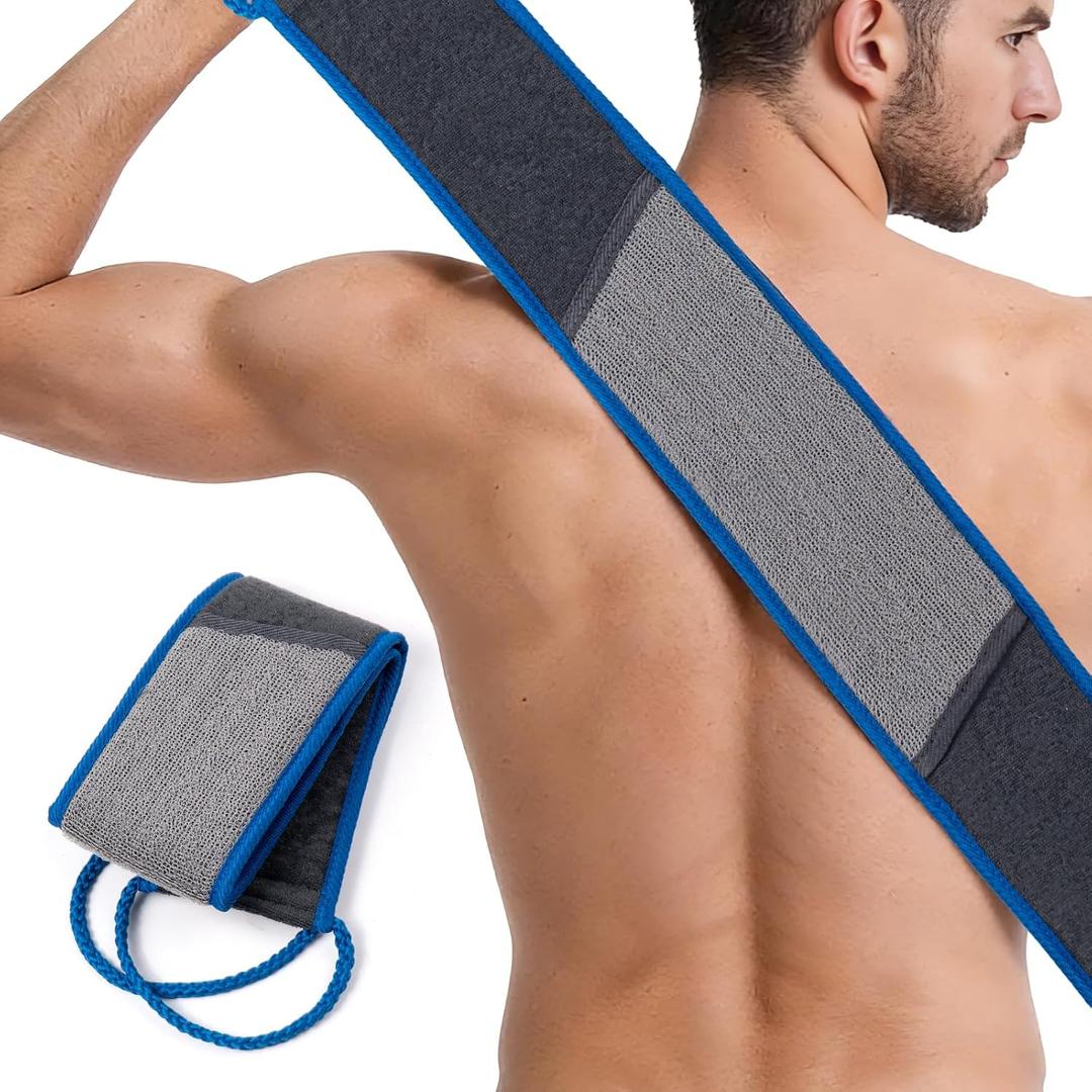 Back Scrubber for Shower, Navy Blue and Gray Exfoliating Body Wash Strap with Handles, 2 Pack