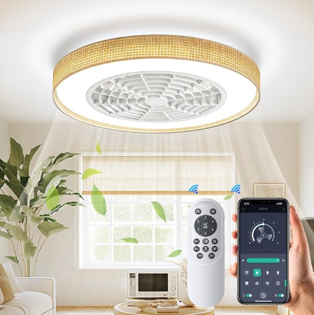 Boho Enclosed Ceiling Fan with Lights - 20 inch Low Profile Rattan Flush Mount Led Ceiling Fan with Light Dimmable Reversible Smart Ceiling Fan with Remote APP Control for Bedroom Living Room Kitchen