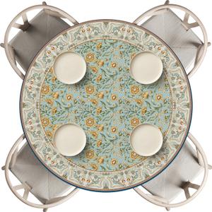 Horaldaily Regular Fitted Tablecloth 45"-56" Round, Boho Bohemia Vintage Golden Floral Patterned Washable Table Cover Elastic Edged for Dinning, Picnic, Camping, Banquet