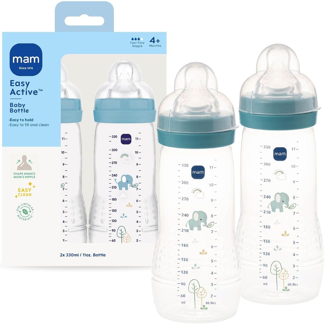 MAM Easy Active Natural Flow Anti-Colic Baby Bottle, 4+ Months, 2 Pack, 11oz, BPA Free, Fast Flow Skin Soft Anti-Colic Silicone Nipple, Anti-Slip Grip, Leak-Proof, Made in Europe, Blue Teal