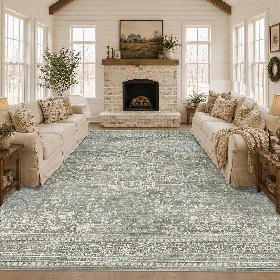 Large 9x12 Area Rugs for Living Room, Vintage Green Washable Rugs