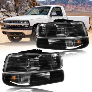 Headlight Assembly, Compatible with 1999-2002 Chevy Silverado 1500 2500/2001-2002 Silverado 1500HD 2500HD 3500HD Black Housing Amber Reflector