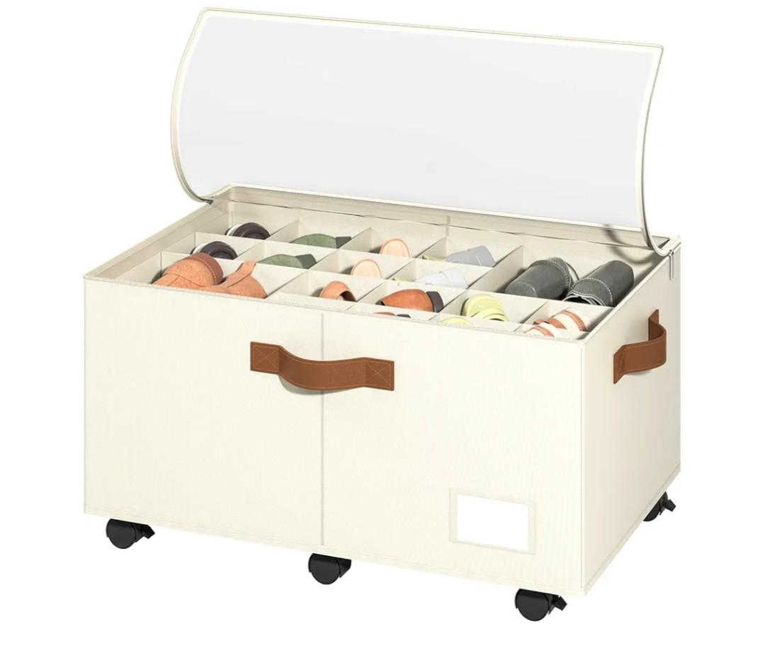 Shoe Organizer for Closet, Shoe Storage Organizer with Wheels and Adjustable Dividers, Stackable Shoe Storage Box with Clear Cover, Foldable Closet Shoe Organizer Fits up to 24-48 Pairs, Beige