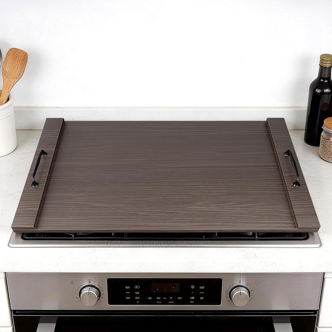 Noodle Board Stove Cover, Wooden Stovetop Cover with Non-Slip Feet, Handle & Raised Lip, Extra Counter Space for Kitchen (29.5 x 22 Walnut)