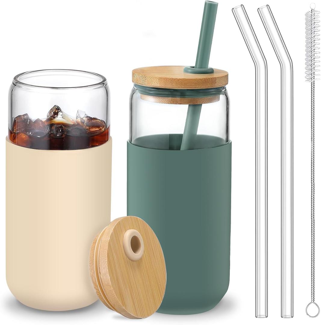 20 OZ Glass Cups with Bamboo Lids and Straws - Beer Can Drinking Glasses with Silicone Protective Sleeve Set, Iced Coffee Glasses, Cute Tumbler Cup for Water, Tea, Gift - Cambridge Blue, Amber, Large