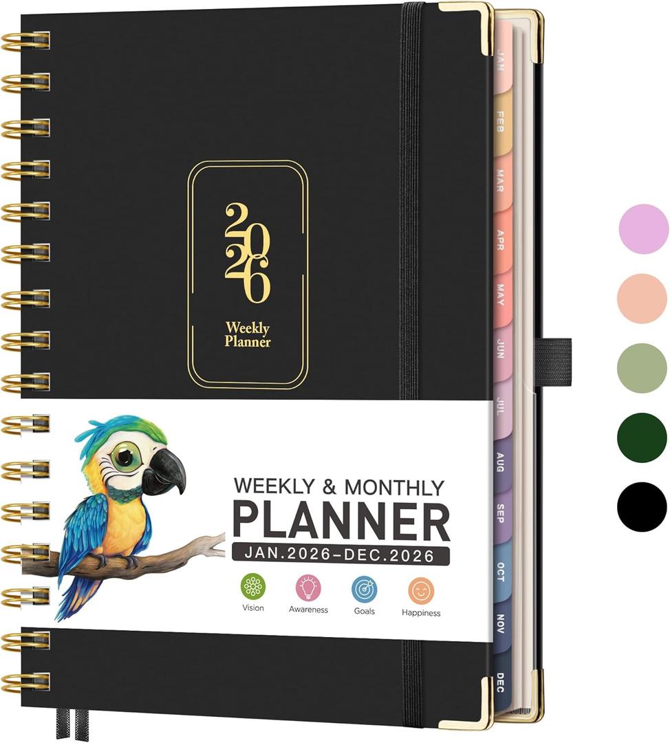 RETTACY 2026 Planner, Weekly and Monthly, Medium Size (5.7" x 8.3"), Jan - Dec 2026, Agenda, Calendar, 12 Month Tabs, Hardcover, 100 GSM Thick Paper, Spiral-bound (Black)