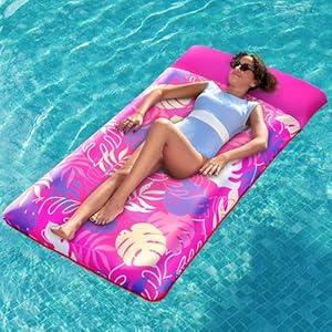 SLOOSH Inflatable Pool Floats Raft - XL Fabric Covered Pool Mat Lounger Floaties for Adults, Ultra Comfort Inflatable Water Float with Headrest for Beach Lake Swimming Pool Floating 68"X34" (Pink)