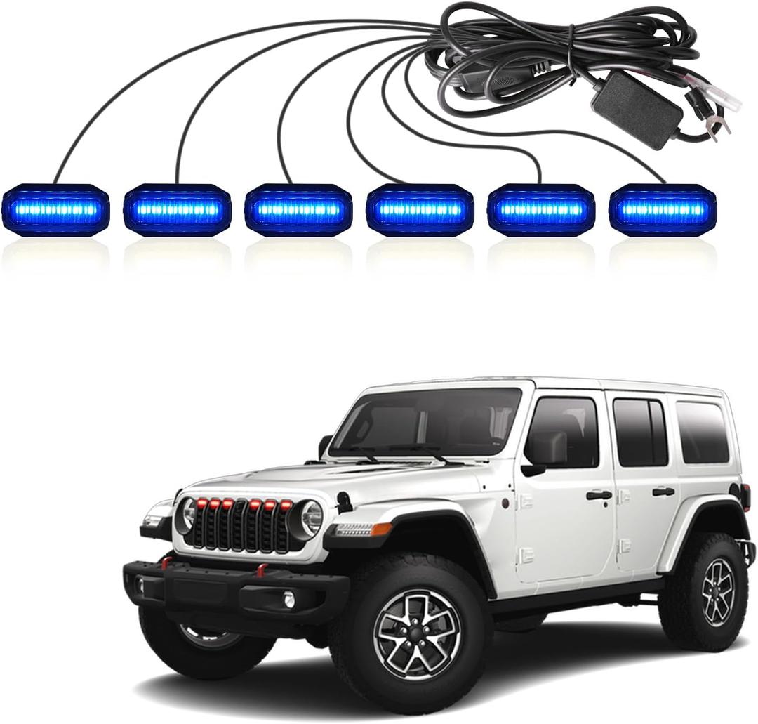 MAIKER RGB LED Grille Lights Compatible with 2024-2025 Jeep Wrangler JL JLU JT Original Factory Grille, 6PCS RGB Adjustable Atmosphere Exterior Grill Lights Remote APP Control