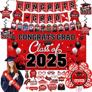 Graduation decorations class of 2025,graduation backdrop sign,photo booth props,Congrats grad banner,Hanging Swirls,Red sash for men women graduation party decorationsRed
