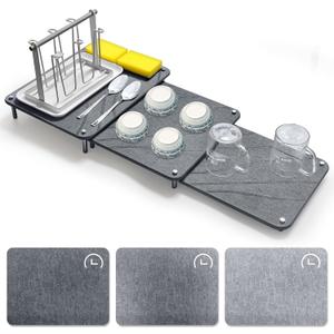 3Pcs Nesting Stone Drying Mat for Kitchen Counter, Quick Drying Stone Dish Drying Mat with Non-Slip Feet, Super Absorbent Heat Resistant Diatomaceous Earth Dish Drying Mat for Dishes, Bottles-Curve, Gray 