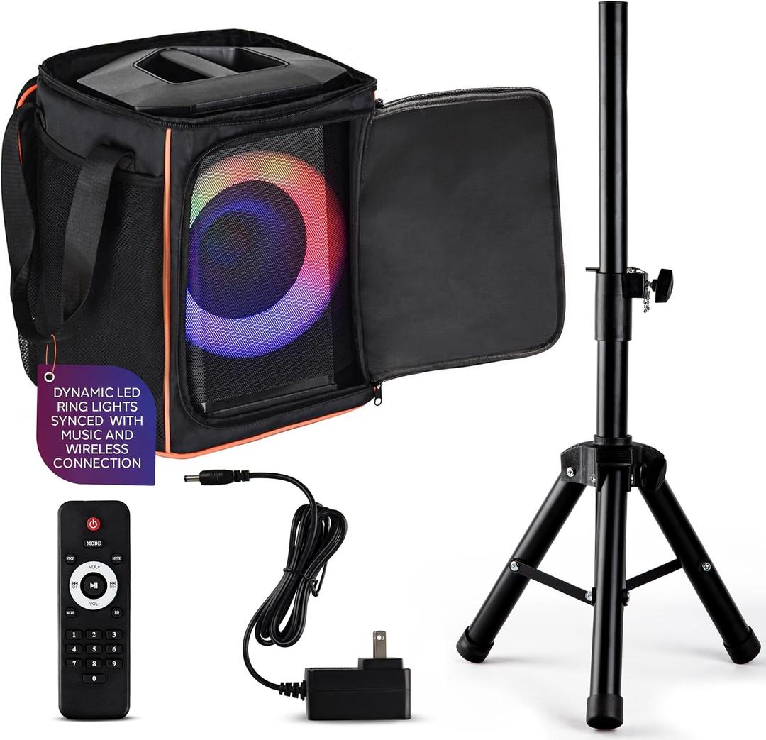 Pyle Portable Bluetooth Speaker with 8" Inch Woofer, TWS, Mic Input, USB/SD/FM Radio, Colorful Ring Lights, 120 W Rechargeable Battery, Tripod Stand & Speaker Bag, Hi-Fi Sound, Outdoor/Indoor Use