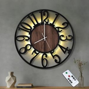 24'' Silent Wall Clock with Adjustable Night Light, Glow in The Dark Decorative Wall Clock Battery Operated, Rustic Modern Metal & Wood Clocks for Living Room Decor, Arabic Numerals