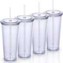24oz Double Wall Plastic Tumblers with Lids and Straws | Large Classic Travel Tumbler | 4 Pack Set of 4 | Clear Reusable Cups with Straws | BPA Free