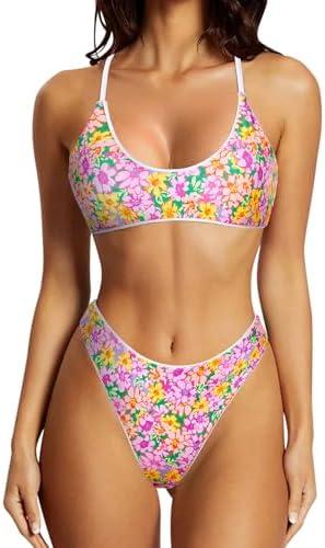 SUUKSESS Women High Waisted Thong Bikini Set Reversible String 2 Piece Swimsuit, Size Large