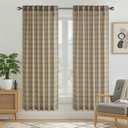 RYB HOME Farmhouse Linen Plaid Curtains Light Filtering 72 inches Long, Grid Semi-Sheer Privacy Gingham Window Drapes for Living Room Bedroom Nursery Vintage Rustic, Linen, W52 x L72 Inch, 2 Panels