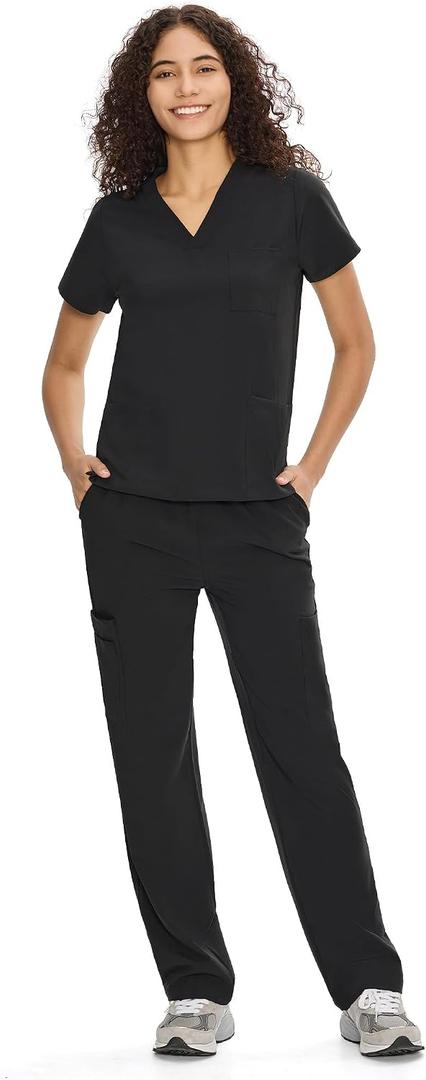 COZYFIT Scrubs for Women Set Medical Uniform - V-Neck Top & Straight Leg Pants with 9 Pockets, Unisex Workwear COZY SCRUBS (Black, S)